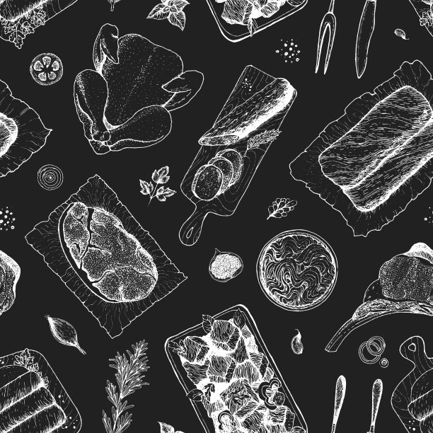 肉无缝模式。手绘矢量插图。食品菜单背景。示意图说明。雕刻风格。图片下载