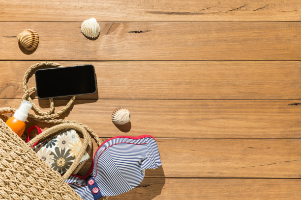 木板上的沙滩物体。图片下载