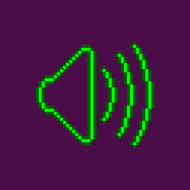 按钮上霓虹绿色发光图标声音的简单平面像素艺术插图图片下载