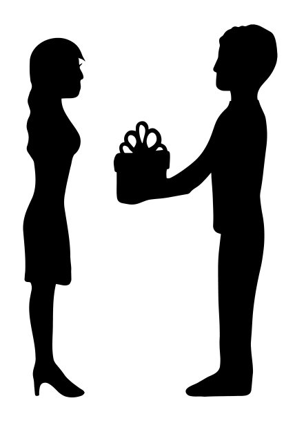 矢量插图的情人节。男人的剪影在白色的背景上给女孩礼物图片下载