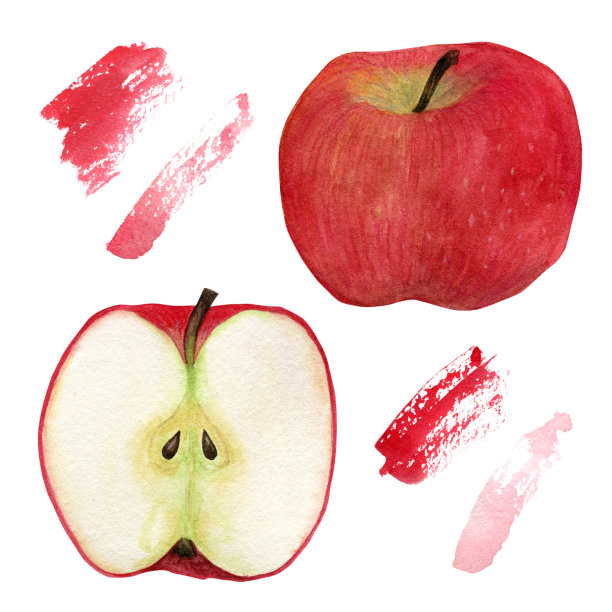 水彩手画红苹果和抽象着色设置在白色背景。设计明信片，邀请或印刷在织物上。图片下载