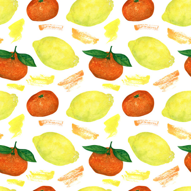 水彩无缝模式。白色背景上的橘子，柠檬和抽象水彩污渍。布料、墙纸、明信片、请柬、剪贴簿或包装纸的设计。图片下载