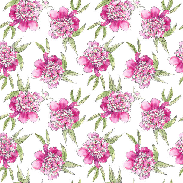 手绘无缝图案牡丹素描风格。布料、墙纸、明信片、请柬、剪贴簿用纸或包装纸的设计。图片下载