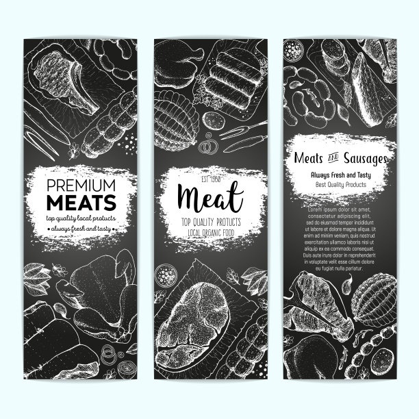肉类顶部视图，横幅收集。矢量插图集。雕刻设计。手绘插图。肉制品设计模板。图片下载