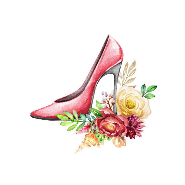 水彩时尚插画，红色高跟鞋与植物装饰，波西米亚风格的安排，红和白玫瑰和牡丹花束，波西米亚花卉设计，孤立在白色背景图片下载