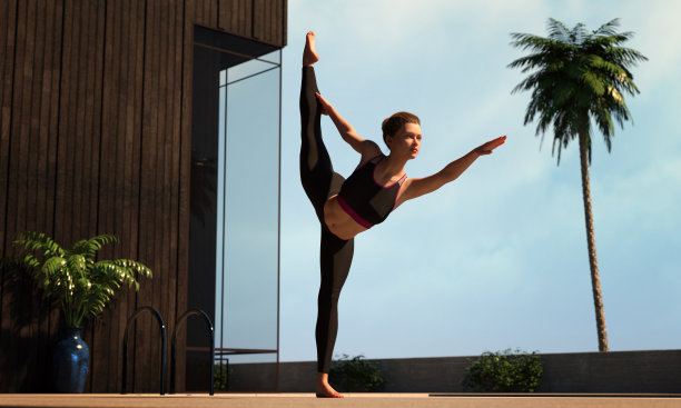 年轻女子的肖像(健身，瑜伽，健康的身体)在游泳池。自由的概念。在户外。瑜伽和正念健康的生活方式3d渲染图片下载