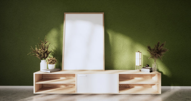 橱柜木制展示设计上的绿房日式极简主义客厅底面，3D渲染图片下载