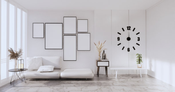 客厅有一个沙发，灯和装饰树在白色的墙壁背景。三维渲染图片下载