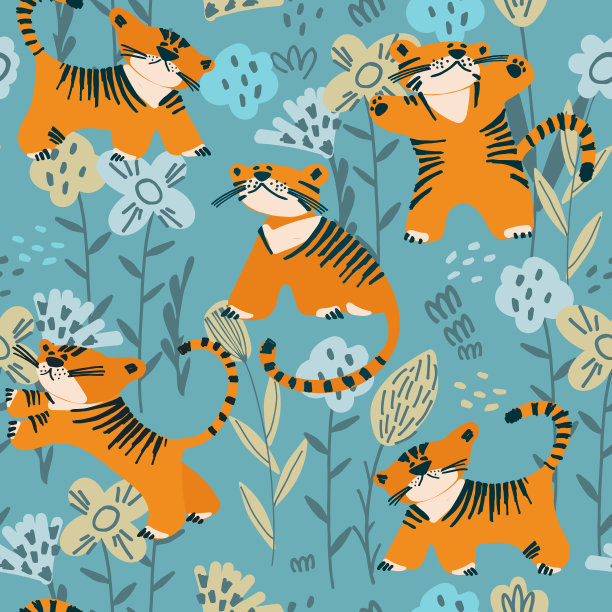 天衣无缝的图案，老虎在花丛中玩耍，孩子们的绘画风格图片下载