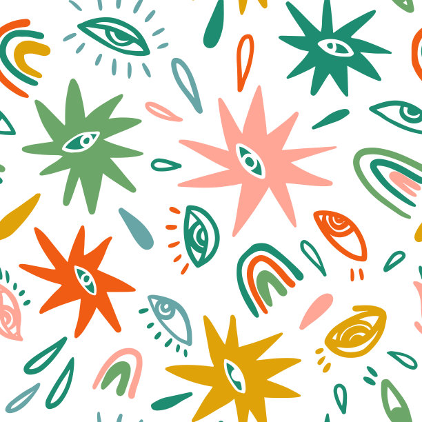 有趣和时髦的单色神奇无缝模式。星星用眼睛看，哥哥看，眼泪，雨滴，彩虹。动画矢量孤立的插图，纺织品，织物，壁纸等图片下载