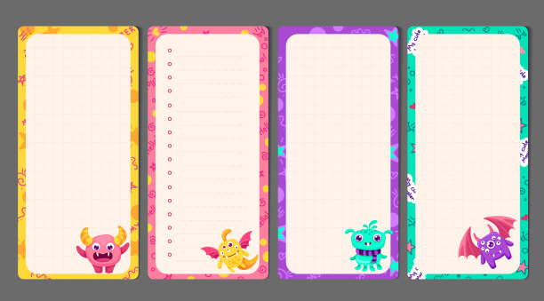 备忘录笔记设置与要做的清单和我的计划文件为儿童和儿童打印文具。五颜六色的计划表贴纸，上面有可爱的怪物。矢量平面插图图片下载