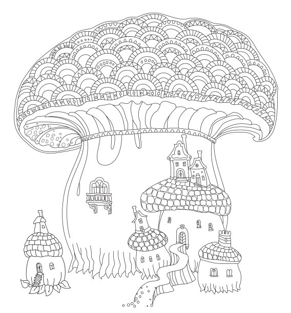幻想的风景。童话般的蘑菇屋。成人和儿童涂色书页图片下载