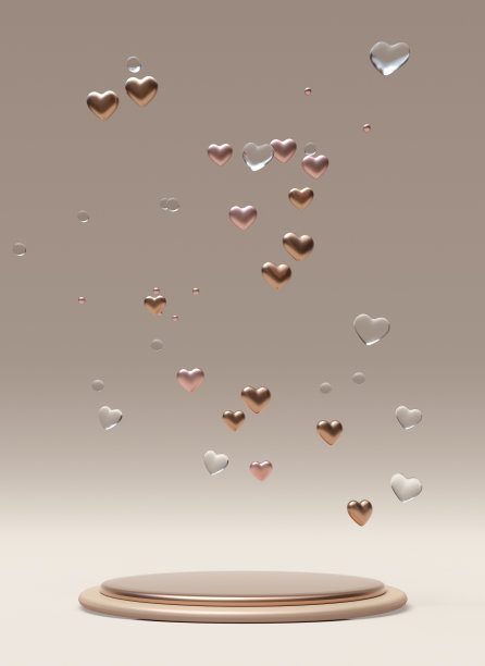 立体抽象最小的垂直构成圣瓦伦丁圆裙台，底座与飞翔的金色心。图片下载