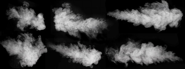 一套六种不同类型的漩涡，蠕动的烟，蒸汽孤立在黑色背景上叠加在你的照片图片下载