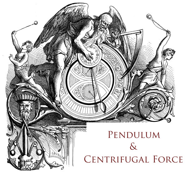 一本关于钟摆和离心力的古书的印刷封面边框，上面装饰着一个拿着镰刀的神话人物和拿着弹弓的男孩图片下载