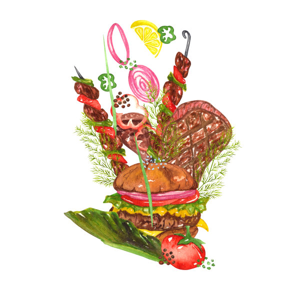 烧烤食物。水彩设置各种对象野餐，夏天吃出去和烧烤，肉和酱汁图片下载