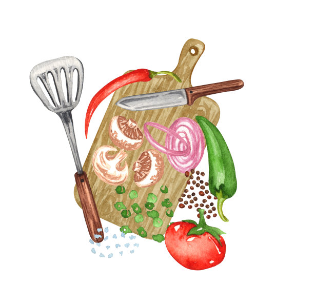 烧烤食物。水彩设置各种对象野餐，夏天吃出去和烧烤，肉和酱汁图片下载