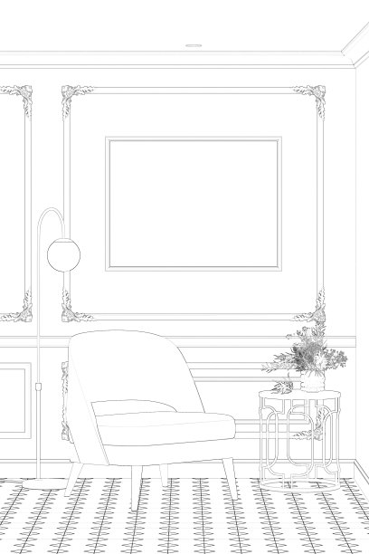 这是一幅现代古典主义风格的房间草图，古典主义风格的墙上贴着一张空白的水平海报，咖啡桌上放着一瓶花，扶手椅旁放着一盏落地灯，地板铺着瓷砖。前视图。图片下载