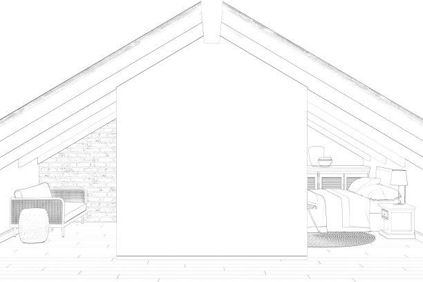 有一面空墙的阁楼的草图。在背景中，你可以看到床边的床头柜上有一盏灯，抽屉柜上有古老的花瓶，沙发旁边有一张咖啡桌。图片下载