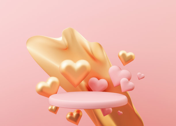 粉红色的讲台上洒着液体，一颗心在空中飞舞。情人节，结婚纪念日。用于产品、化妆品展示的讲台。模拟。美容产品底座。3 d演示。图片下载