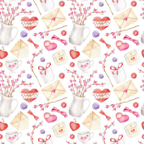 水彩情人节无缝图案。手绘可爱浪漫的背景。心形，信封，树枝，丝带蝴蝶结孤立在白色。重复设计为2月14日，婚礼。图片下载