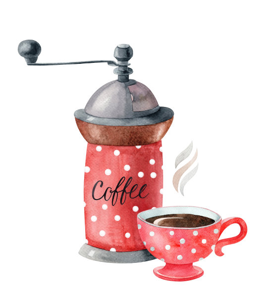 水彩组合与复古咖啡研磨机与红色圆点杯。图片下载