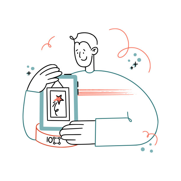 矢量手绘插图。一名现代人在他的平板电脑上拿着非实物艺术品，看起来就像博物馆的展品。图片下载