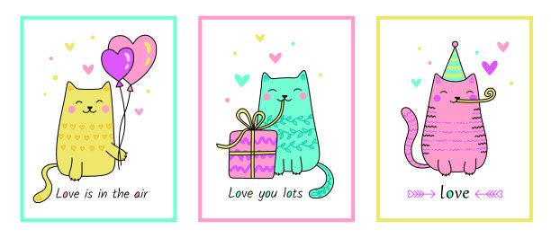 收集情人节卡片与可爱的猫。带爱心的宠物，礼物，气球，名言。2月14日庆祝活动。手绘矢量插图在卡通风格。孤立在白色的。图片下载