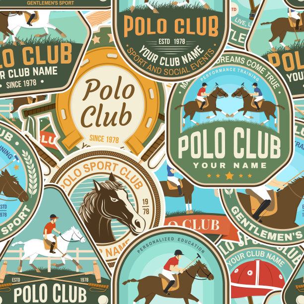 马球运动俱乐部补丁无缝模式。向量。彩色骑马的背景与骑手和马的剪影。用于马球，马球图案背景或墙纸图片下载