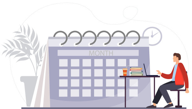一个年轻的小商人坐在工作的地方，在日历、工作时间表、平面矢量图旁边计划工作图片下载