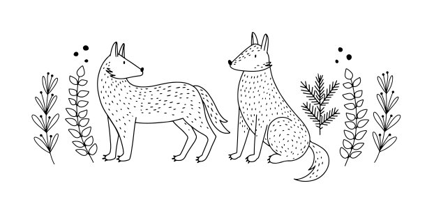 两只可爱的狼在树叶上排成一行图片下载