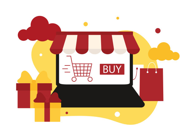 在线商店。打开的笔记本电脑，屏幕上有购物车和“购买”按钮。网上购物的概念。图片下载