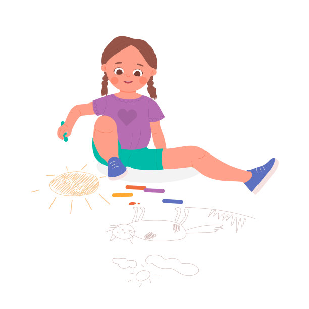 可爱快乐的女孩用粉笔在人行道上画一只猫图片下载