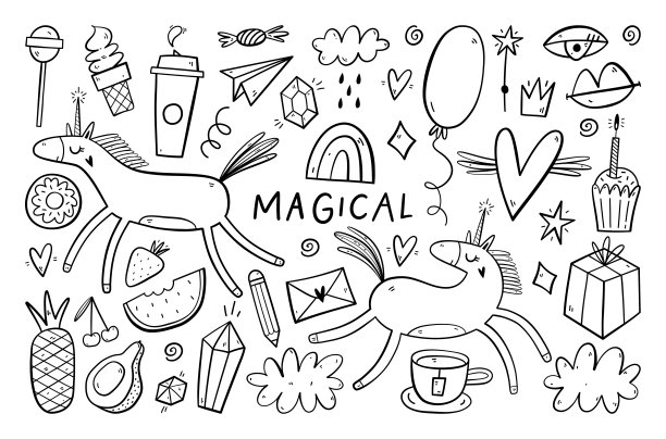 涂色书页在涂鸦风格为成人和儿童。黑白手绘元素。图片下载