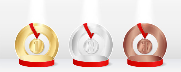 第一、二、三名冠军领奖台上带金、银、铜牌红丝带。逼真的3D颁奖舞台背景。冠军1、2、3放置基座模拟。矢量图图片下载