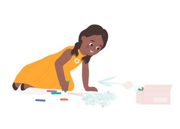 黑皮肤的女孩用粉笔在人行道上画画图片下载