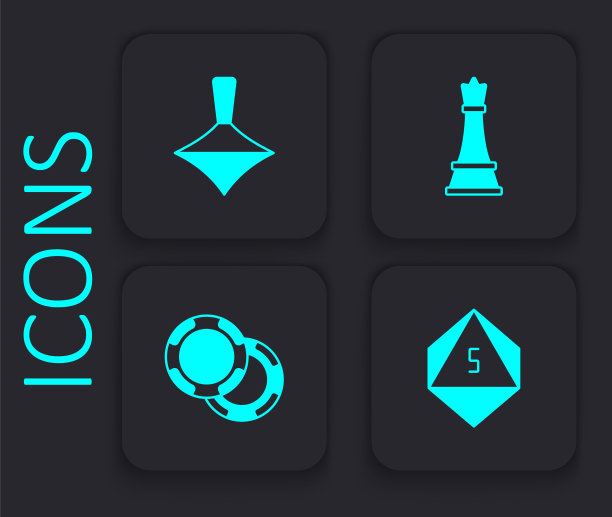 设置游戏骰子，旋转玩具，国际象棋和赌场筹码图标。黑色方形按钮。向量图片下载
