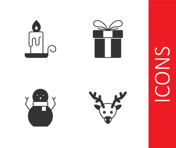 设置驯鹿，燃烧的蜡烛，圣诞雪人和礼品盒图标。向量图片下载