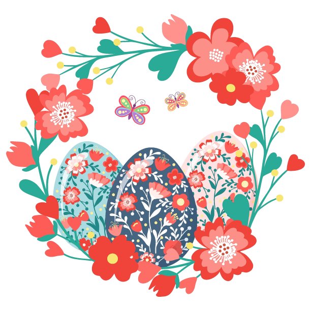 装饰手绘可爱花环与复活节彩蛋，蝴蝶，花，树叶。春天的花色相框。抽象向量插图孤立在白色背景上图片下载