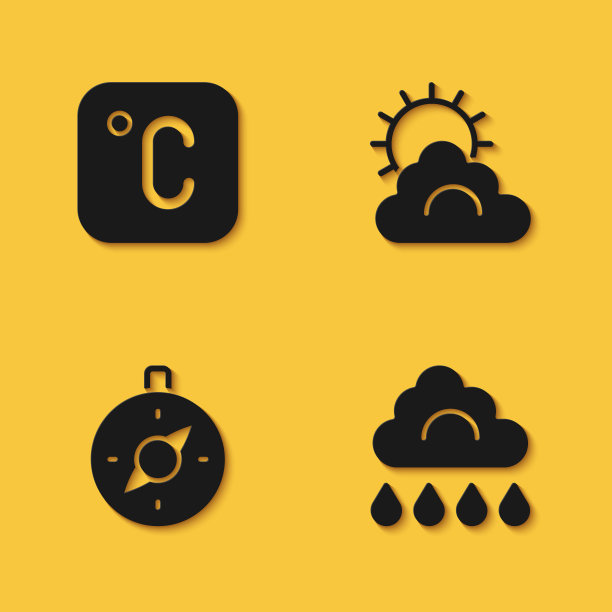 设置摄氏，云与雨，指南针和太阳和云天气图标与长阴影。向量图片下载