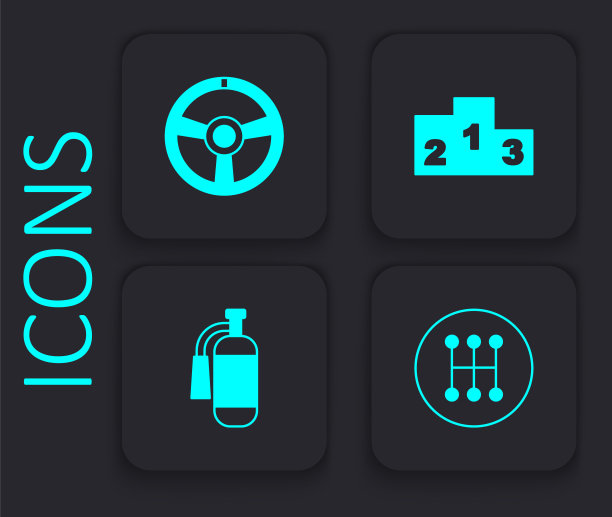 设置变速杆，赛车方向盘，奖品超过体育冠军领奖台和灭火器图标。黑色方形按钮。向量图片下载