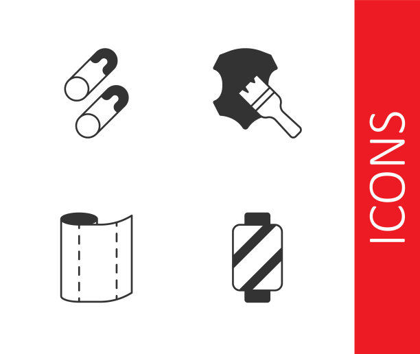 设置线轴上的缝纫线，封闭的钢制安全别针，纺织织物卷和皮革图标。向量图片下载