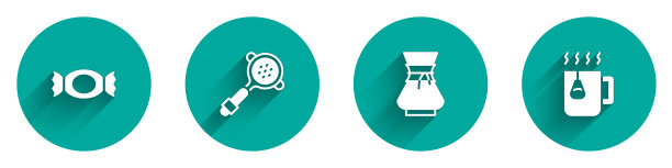 设置糖果，咖啡过滤器持有人，倒在咖啡机和杯茶与袋图标与长阴影。向量图片下载