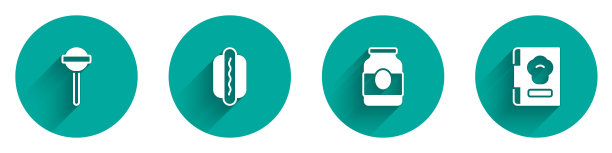 设置棒棒糖，热狗，果酱罐和烹饪书图标与长阴影。向量图片下载