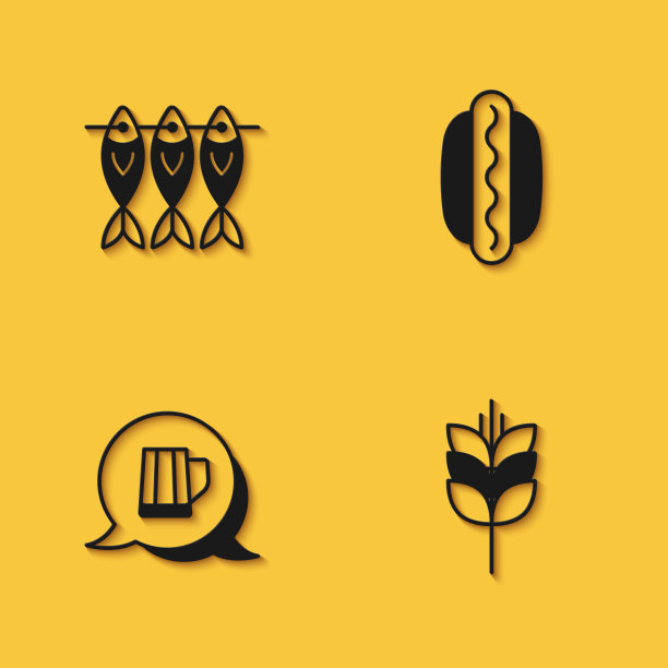 设置干鱼，小麦，木制啤酒杯和热狗三明治图标与长阴影。向量图片下载