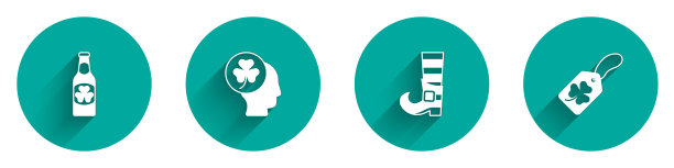 设置啤酒瓶与三叶草，头三叶，妖精靴子和三叶草标签图标与长阴影。向量图片下载