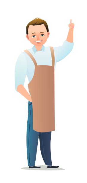 小男孩，工匠或艺术家。青少年在围裙。主在工作服。开朗的人。站立姿势。漫画风格的平面设计。单个的字符。插图孤立在白色背景上。向量图片下载