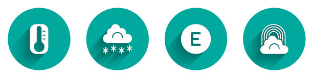 设置温度计，云与雪，指南针西和彩虹云图标与长阴影。向量图片下载