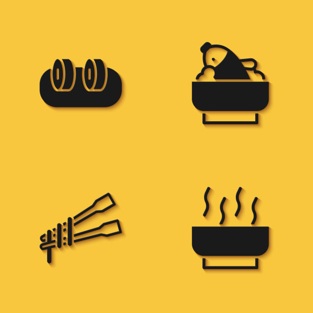 寿司，拉面汤碗，食物筷子与面条和米鱼图标与长影子。向量图片下载