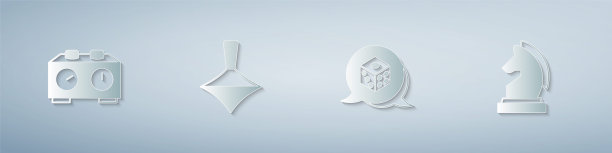 设置时间象棋钟，旋转玩具，游戏骰子和国际象棋。纸艺术风格。向量图片下载